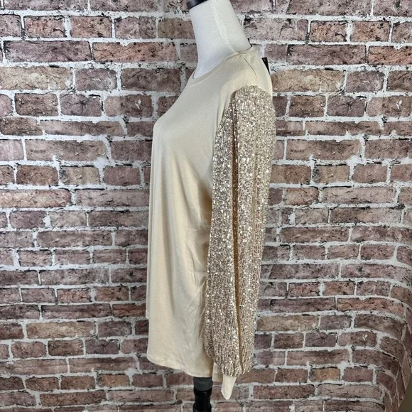 Torrid 2X NWT Champagne Ribbed Crew Neck Sequin Sleeve Long Sleeve Top 41055056 - Picture 6 of 15